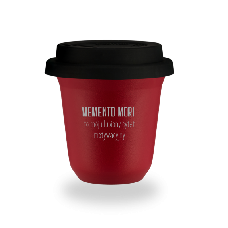 Kubek 150 ml CZERWONY "Memento mori - to mój ulubiony cytat motywacyjny", z pokrywką czarną